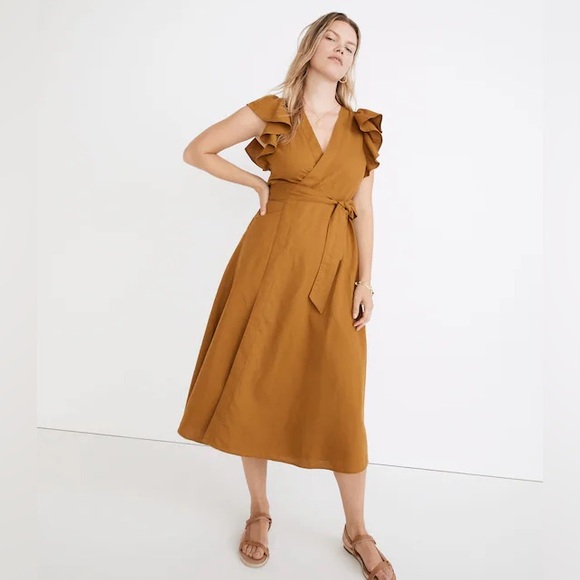 Madewell antique gold Linen-Blend Ruffle-Sleeve Wrap Midi Dress Madewell antique gold Linen-Blend Ruffle-Sleeve Wrap Midi Dress